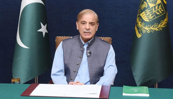 Prime Minster Shehbaz Sharif is addressing the nation on May 27, 2022. — Screengrab via X/@abubakarumer