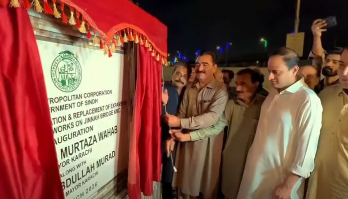 Karachi Mayor Barrister Murtaza Wahab inaugurates the Jinnah Bridge after the completion of an improvement and rehabilitation project  in District Keamari, Karachi on March 9, 2026. — Screengrab via Facebook@barristermurtazawahabofficial