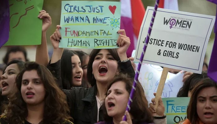 Protesters during a rally on International Womens Day in Islamabad on March 8, 2019. — AFP