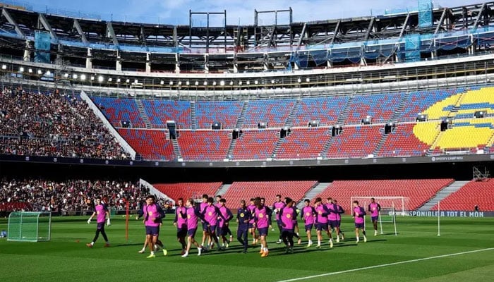 General view of FC Barcelona players during training after the reopening of Spotify Camp Nou, in Barcelona, Spain, November 7, 2025. —Reuters
