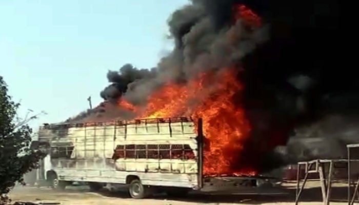 Fire flames rise from a burning truck after a fire broke out at Gadap City, Malir area in Karachi on March 10, 2026. — PPI