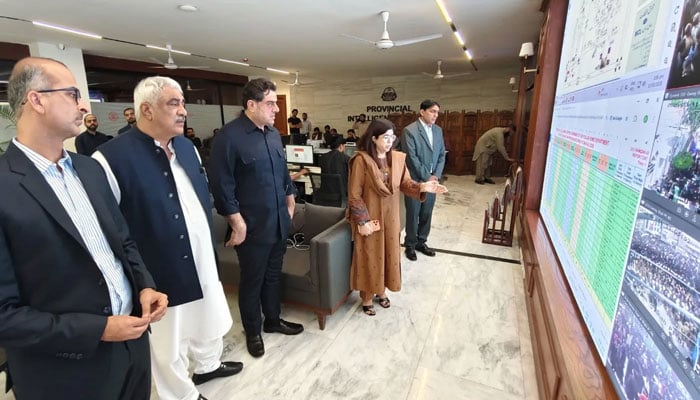 Provincial Minister and Chairman of the Cabinet Committee for Law and Order, Khawaja Salman Rafique (2nd left), along with Provincial Minister and Co-Chairman Bilal Yasin, visit the Central Control Room of the Home Department on March 11, 2026. — Facebook@SalmanRafiquePK