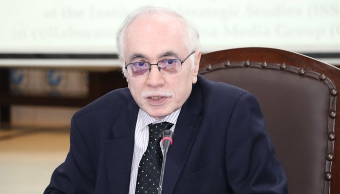 Former ambassador Masood Khalid delivers his keynote address at a seminar organised by ISSI in collaboration with CMG on March 10, 2026. — Facebook@Institute.of.Strategic.Studies.Islamabad