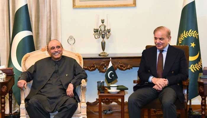 Prime Minister Shehbaz Sharif calls on President Asif Ali Zardari at Aiwan-e-Sadr on December 23, 2024. — PID