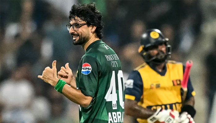 Abrar Ahmed (left) celebrates after taking the wicket of Sri Lanka’s Wanindu Hasaranga during the Asia Cup 2025. — AFP/File