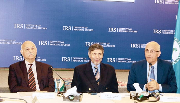 Former Senator Mushahid Hussain Sayed (left) attends a roundtable discussion on “Pakistan and China: shared perspectives on the contemporary regional security environment” hosted by IRS on March 11, 2026. — Facebook@Institute of Regional Studies, Islamabad