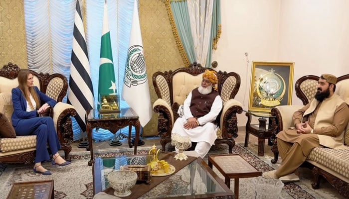UK High Commissioner in Islamabad, Jane Marriott (left), meets JUI-F Chief, Maulana Fazlur Rehman at his residence on March 12, 2026. — Screengrab via Facebook@MoulanaOfficial