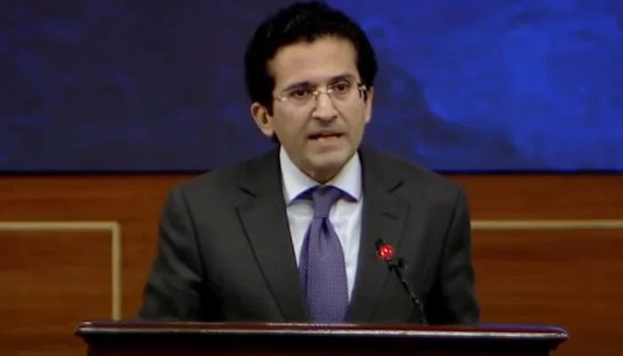 Federal Minister for Power Ali Pervaiz Malik addressing the Pakistan Mineral Investment Forum 25 (PMIF25) on April 8, 2025. — Screengrab/ Geo News