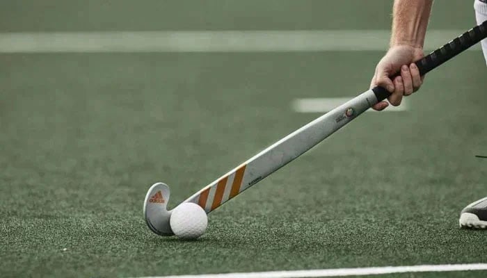 This representational image features a field hockey stick and ball. — APP/File