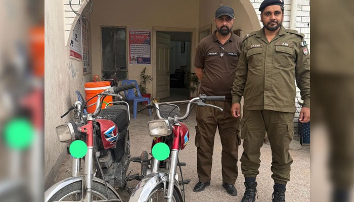 Rawalpindi Police personnel pictured with stolen motorcycles on March 13, 2026. — Facebook@Rawalpindicpoofficeoffical
