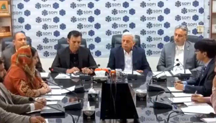 Rana Tanveer Hussain, Federal Minister for National Food Security and Research, speaks as the chief guest at a seminar on “Developing competitive and Inclusive value chains of pulses in Pakistan” organised at SDPI on March 12, 2026. — Screengrab via Facebook@sdpipakistan