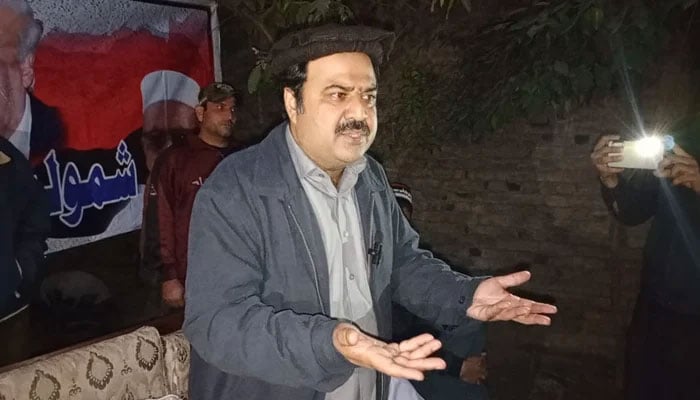 Qaumi Watan Party (QWP) provincial Chairman Sikandar Hayat Khan Sherpao speaks during a gathering on December 8, 2023. — Facebook@SikandarSherpao.official
