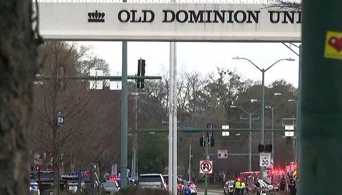 Police block an entrance road after a gunman opened fire at Old Dominion University in Norfolk, US, March 12, 2026, in a still image from video. — Reuters