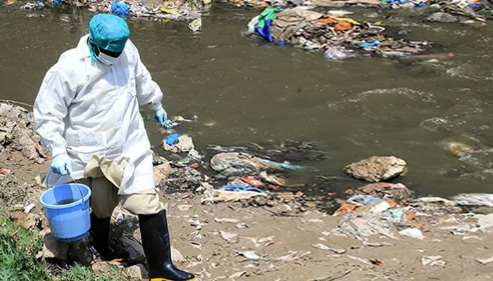 A researcher collects samples from a sewage waterway in this image. — poliofreepakistan.gov.pk/File