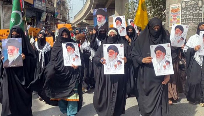 Participants hold a protest rally against the USA and Israel as they are marking Youm-ul-Quds to show solidarity with the people of Palestine in Multan on March 13, 2026. — PPI