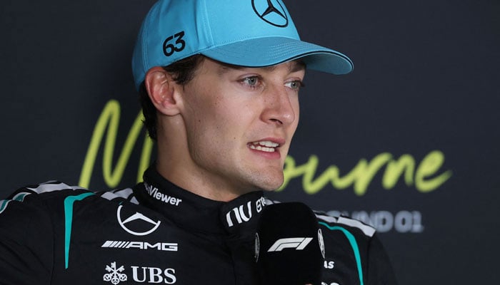 Mercedes British driver George Russell speaks during a press conference after the teams victory at the Formula One Australian Grand Prix at Melbournes Albert Park Circuit on March 8, 2026. — AFP