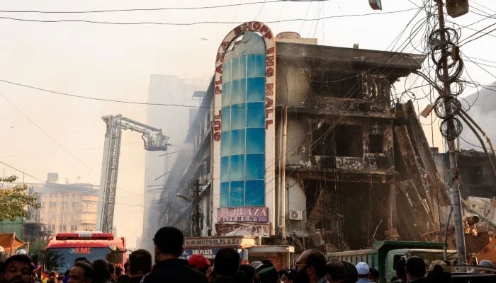 A general view shows the aftermath of a massive fire that broke out in the Gul Plaza Shopping Mall in Karachi, Pakistan, January 19, 2026. — Reuters