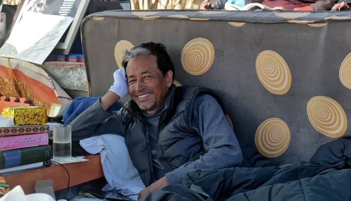 Sonam Wangchuk, 57, an Indian education reformer, looks on as he conducts a hunger strike demanding constitutional safeguards and statehood in India-held Ladakh on March 21, 2024. — Reuters
