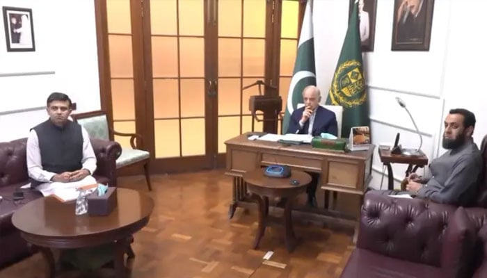 Prime Minister Shehbaz Sharif chairs a virtual meeting reviewing the implementation of austerity measures and the impact of petroleum product prices, in Islamabad on Mar 14, 2026. — screengrab via PMO