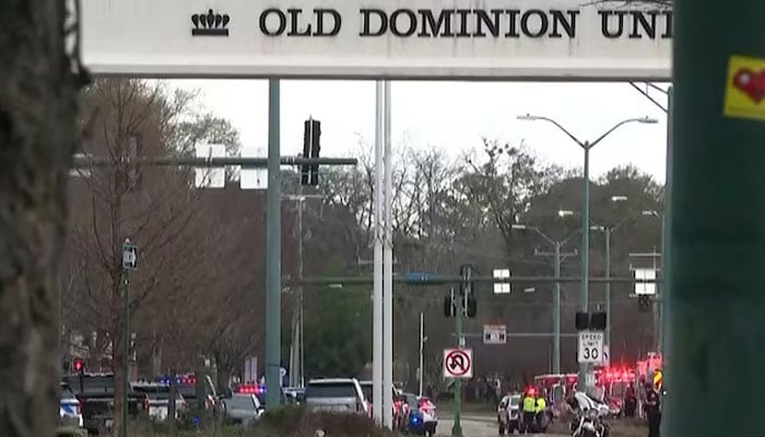 Police block an entrance road after a gunman opened fire at Old Dominion University in Norfolk, US, March 12, 2026, in a still image from video. —Reuters