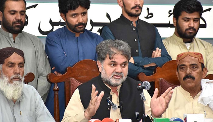 Jamiat Ulema-e-Islam Fazl (JUIF) candidate from PB-36 Kalat, Saeed Ahmed Langove addresses a press conference at QPC on March 15, 2026. — INP