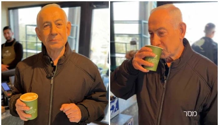 Israeli Prime Minister Benjamin Netanyahu reacts at a cafe, amid the US-Israeli conflict with Iran, in Jerusalem, March 15, 2026, in this screen grab taken from a handout video. — Reuters