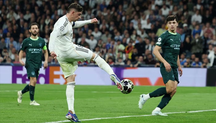 Real Madrids Federico Valverde scores their third goal to complete a hat-trick. —Reuters/File