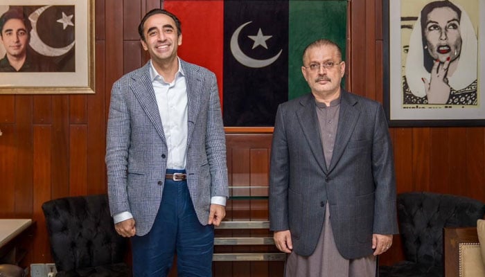 Pakistan Peoples Party (PPP) Chairman Bilawal Bhutto Zardari, pictured with Senior Information and Transport & Mass Transit Minister Sharjeel Inam Memon (right) after a meeting at the Bilawal House on March 16, 2026. — Facebook@Bilawalhouse