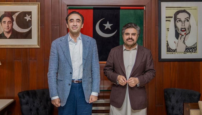 Pakistan Peoples Party (PPP) Chairman Bilawal Bhutto Zardari, pictured with Local Government Minister Syed Nasir Hussain Shah (right) after a meeting at the Bilawal House on March 16, 2026. — Facebook@Bilawalhouse