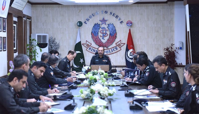 Sindh IGP Javed Alam Odho chairs a meeting on March 16, 2026. — Facebook@sindhpolicedmc