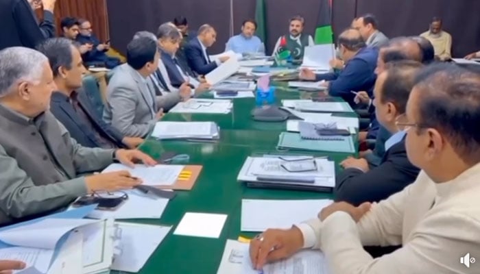 Minister for Local Government, Housing & Town Planning Syed Nasir Hussain Shah chairing a meeting of Sindh cabinet’s finance sub-committee on March 17, 2026. — Facebook@SNasirHussainshah/Screengrab