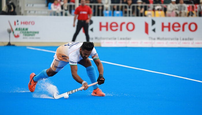 A player of the India hockey team plays a strike during the India v Japan match in the Asian Champions Trophy in India on September 9, 2024. —X@asia_hockey