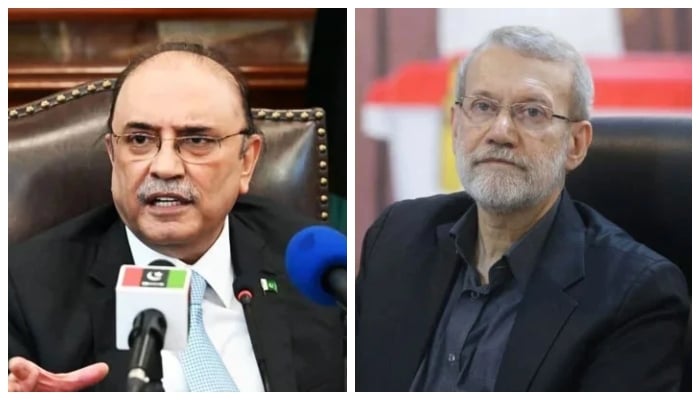 Image shows collage of President Asif Ali Zardari and senior Iranian leader Dr Ali Ardeshir Larijani(late). —— X@MediaCellPPP/Reuters/File