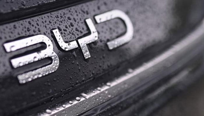 The image displays a close-up of the logo of BYD, a major Chinese multinational manufacturing conglomerate, on a dark, wet surface on the rear of a vehicle.  — Facebook@bydpakistan/File