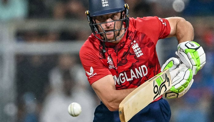 Englands Jos Buttler plays a shot during the 2026 ICC Mens T20 Cricket World Cup semi-final match between India and England at the Wankhede Stadium in Mumbai on March 5, 2026. — Reuters