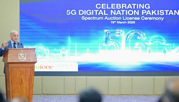 Prime Minister Shehbaz Sharif addressing the signing ceremony of license agreements for the 5G spectrum on March 19, 2026. — PID