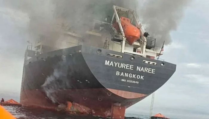 The Thailand-flagged cargo ship Mayuree Naree engulfed in black smoke in the Strait of Hormuz, March 11, 2026.— Reuters