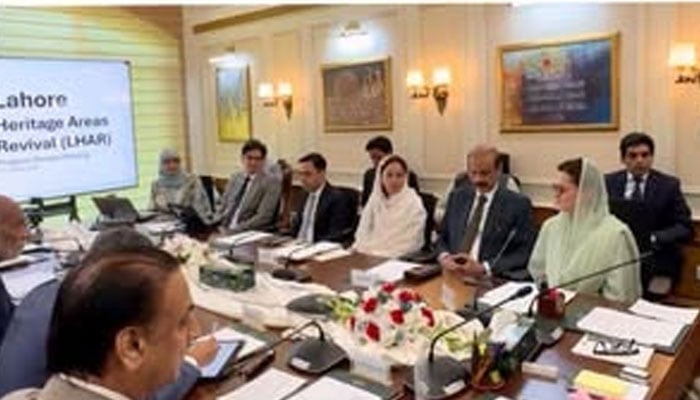 Punjab CM Maryam Nawaz, flanked by PMLN President Nawaz Sharif (both not seen in this picture) chairing a meeting on March 19, 2026. — Facebook@TheMaryamNSharif