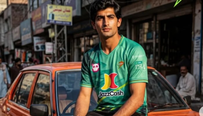 PSL season 11s team Pindizs Naseem Shah posing with new jersey. —Instagram@thepindiz/File