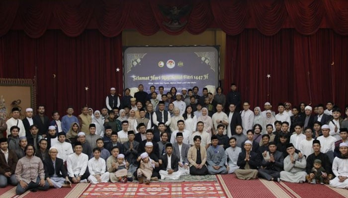 Diplomats and staff from the Indonesian Embassy pose for a group photo on the occasion of Eid on March 22, 2026. — APP