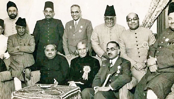 Quaid-i-Azam Muhammad Ali Jinnah (centre) pictured with leaders of the Muslim League. — The News/File