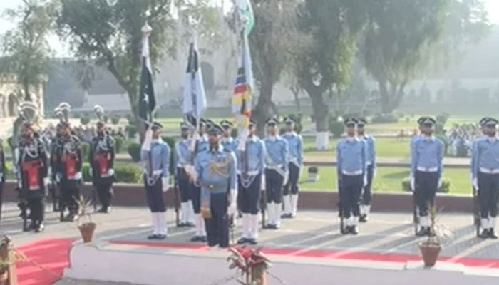Change of guard ceremony being held at the mausoleum of Allama Iqbal in Lahore with Pakistan Air Force (PAF) contingent taking over the duties, Lahore, Punjab, March 23, 2026. — Screengrab via YouTube/Geo News