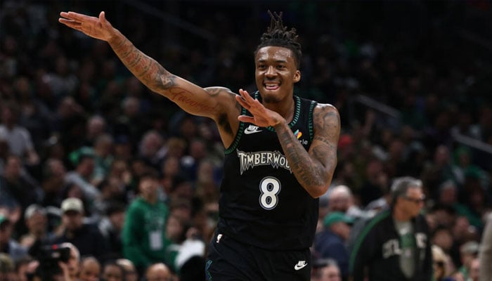 Minnesotas Bones Hyland celebrates a three-pointer in the Timberwolves win over the Boston Celtics. —AFP/File