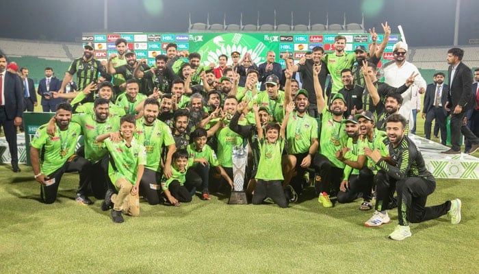 Lahore Qalandars team celebrating with the PSL X trophy on May 25, 2025. — Facebook@thePSL