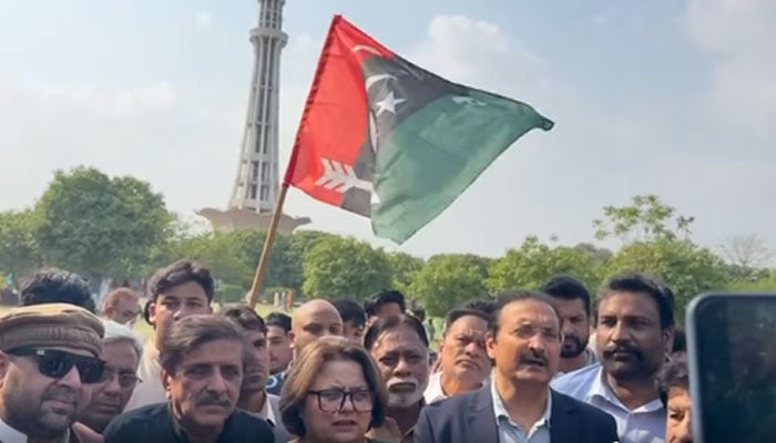 Pakistan Peoples Party Lahore Urban Division President Faisal Mir talking to the media during a visit to the Minar-i-Pakistan on March 23, 2026. — Screengrab via Facebook@PPP Central Punjab