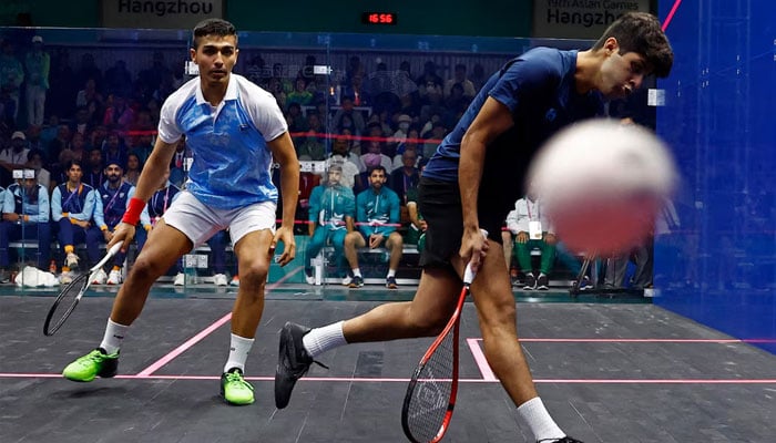 Indias Abhay Singh in action during the Mens Team Gold Medal match against Pakistans Noor Zaman. —Reuters/File