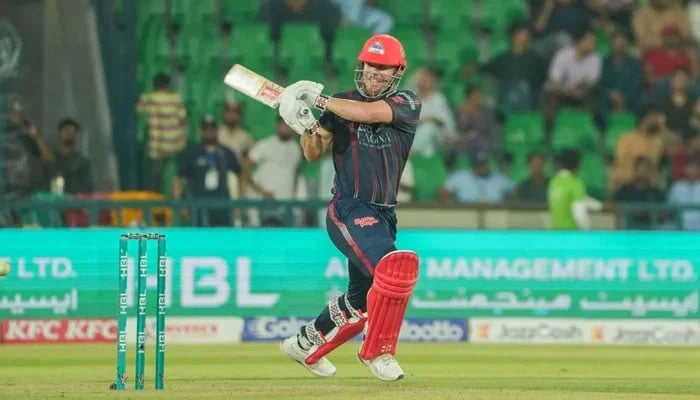 Karachi Kings David Warner watches the ball after playing a shot during their PSL 10 Eliminator against Lahore Qalandars at the Gaddafi Stadium in Lahore on May 22, 2025. — PCB