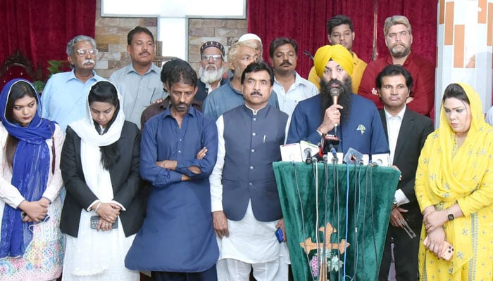 Punjab Minister for Minority Affairs Ramesh Singh Arora addresses the condolences ceremony of a girl who was attacked by a stray dog in Lahore on March 24, 2026. — Facebook@sardarrameshsinghofficial
