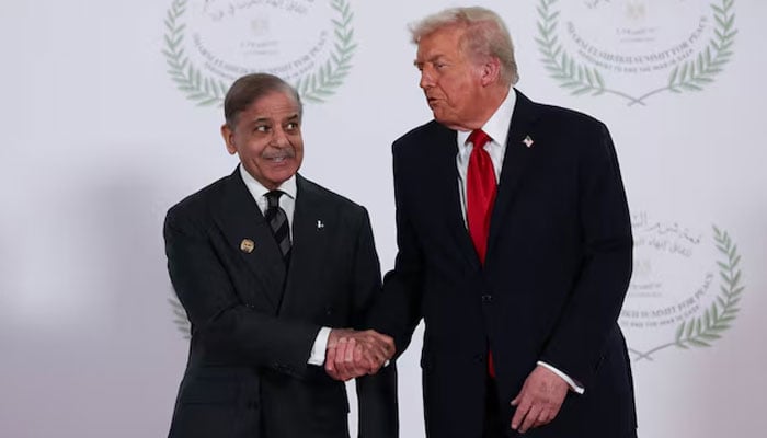 US President Donald Trump and Pakistani Prime Minister Shehbaz Sharif shake hands as they pose for a photo, at a world leaders summit on ending the Gaza war, amid a US-brokered prisoner-hostage swap and ceasefire deal between Israel and Hamas, in Sharm el-Sheikh, Egypt, October 13, 2025.—Reuters