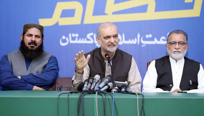Jamaat-e-Islami Pakistan Emir Hafiz Naeem ur Rehman addresses a press conference at Mansoorah on March 24, 2026. — Facebook@HafizNaeemRehman
